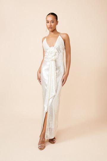 Ivory White Sequin Rosette Plunge Woven Maxi Dress