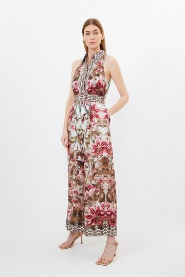 Linen Viscose Border Print Woven Halter Jumpsuit floral