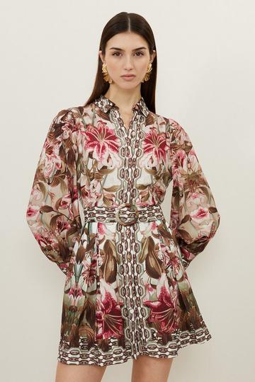 Multi Linen Viscose Border Print Floral Woven Short Dress