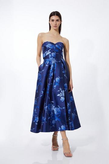 Blue Jacquard Strapless Front Split Maxi Dress