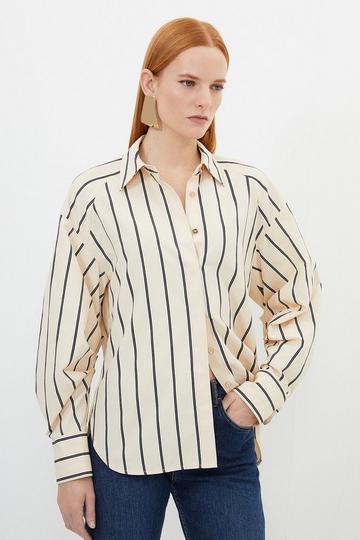 Cotton Stripe Longline Woven Shirt ivory