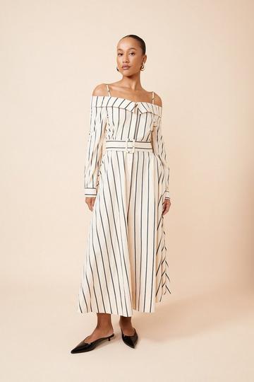 Cotton Stripe Bardot Woven Shirt Dress ivory