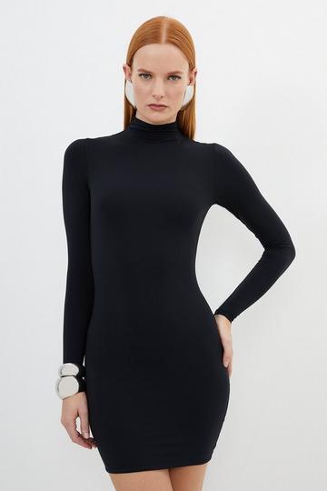 Black Contour Jersey High Neck Long Sleeve Mini Dress