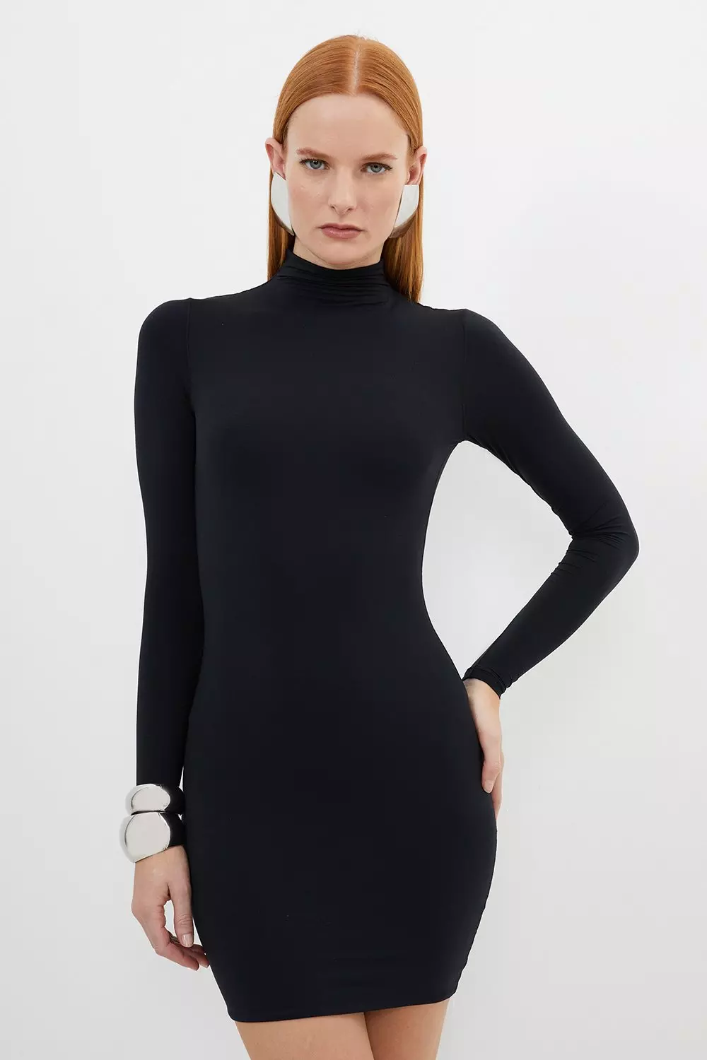 Contour Jersey High Neck Long Sleeve Mini Dress | Karen Millen