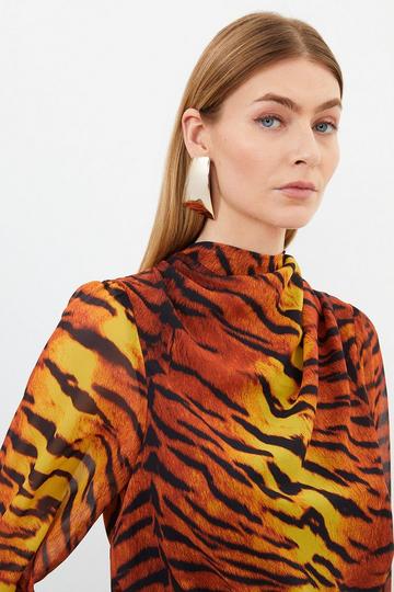 Orange Wild Tiger Printed Georgette Woven Blouse