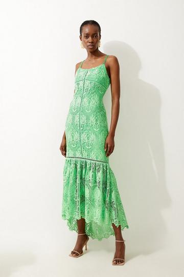 Premium Satin Guipure Lace Strappy Maxi Dress green