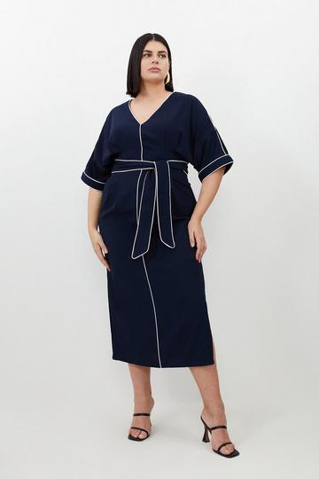 Plus Size Contrast Piping Satin Back Crepe Woven Midi Dress navy