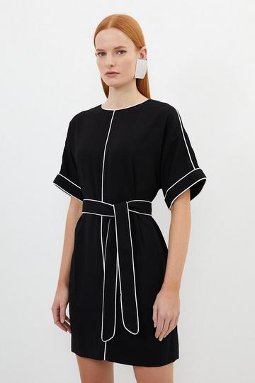 Black Petite Contrast Piping Satin Back Crepe Woven Mini Dress