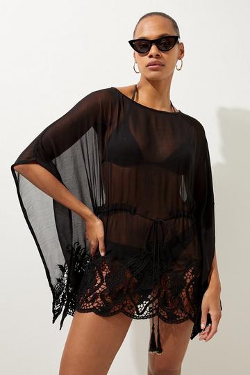 Black Beach Viscose Georgette Premium Embroidery Mini Dress