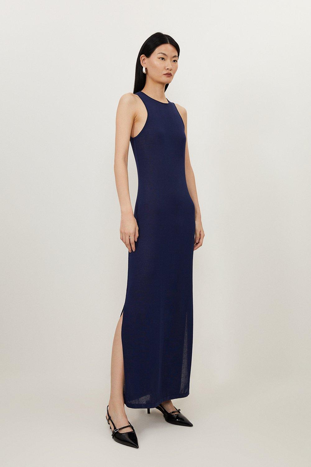 Petite Summer Knit Racer Maxi Dress - Navy