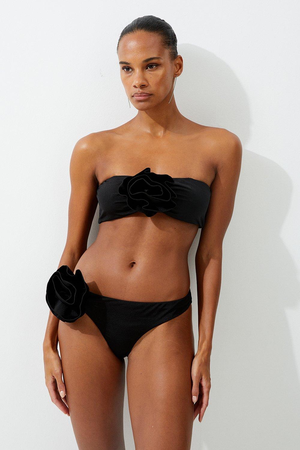 Rosette Detail Thong Bikini Bottom - Black