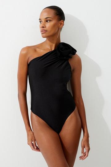 Black Rosette Detail Asymmetric Swimsuit