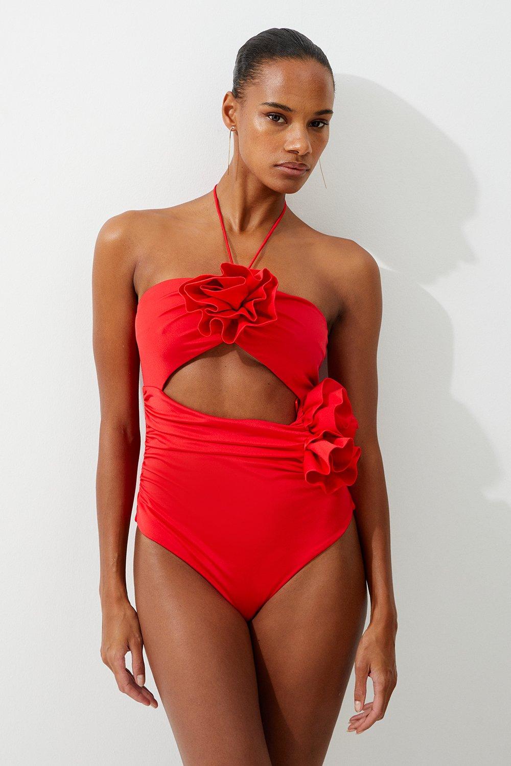 Rosette Cut Out Detail Swimsuit - Red