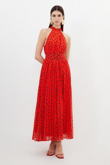 Red Tall Spot Print Pleated Georgette Woven Halter Midi Dress