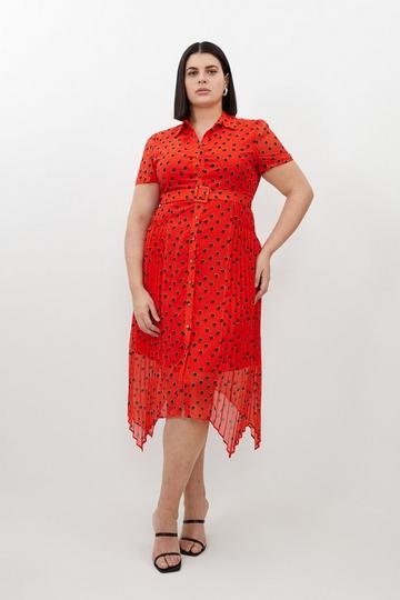 Plus Size Spotty Pleated Georgette Woven Shirt Midi Dress red
