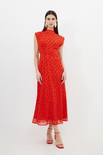 Spot Print Georgette Woven Pintuck Waist Midi Dress red