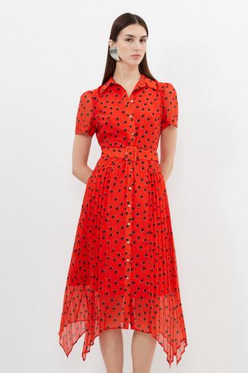 Red Spot Print Pleated Georgette Woven Shirt Midi Dress