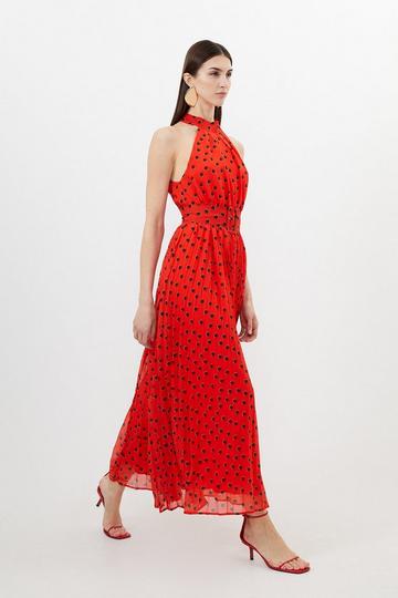 Red Spot Print Pleated Georgette Woven Halter Midi Dress