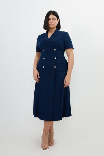 Navy Plus Size Pleated Button Detailed Woven Midi Dress