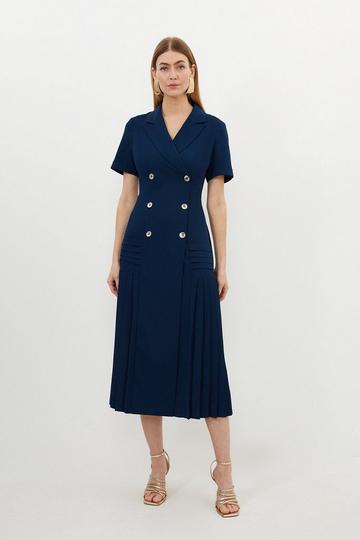 Navy Pleated Button Detailed Woven Midi Dress