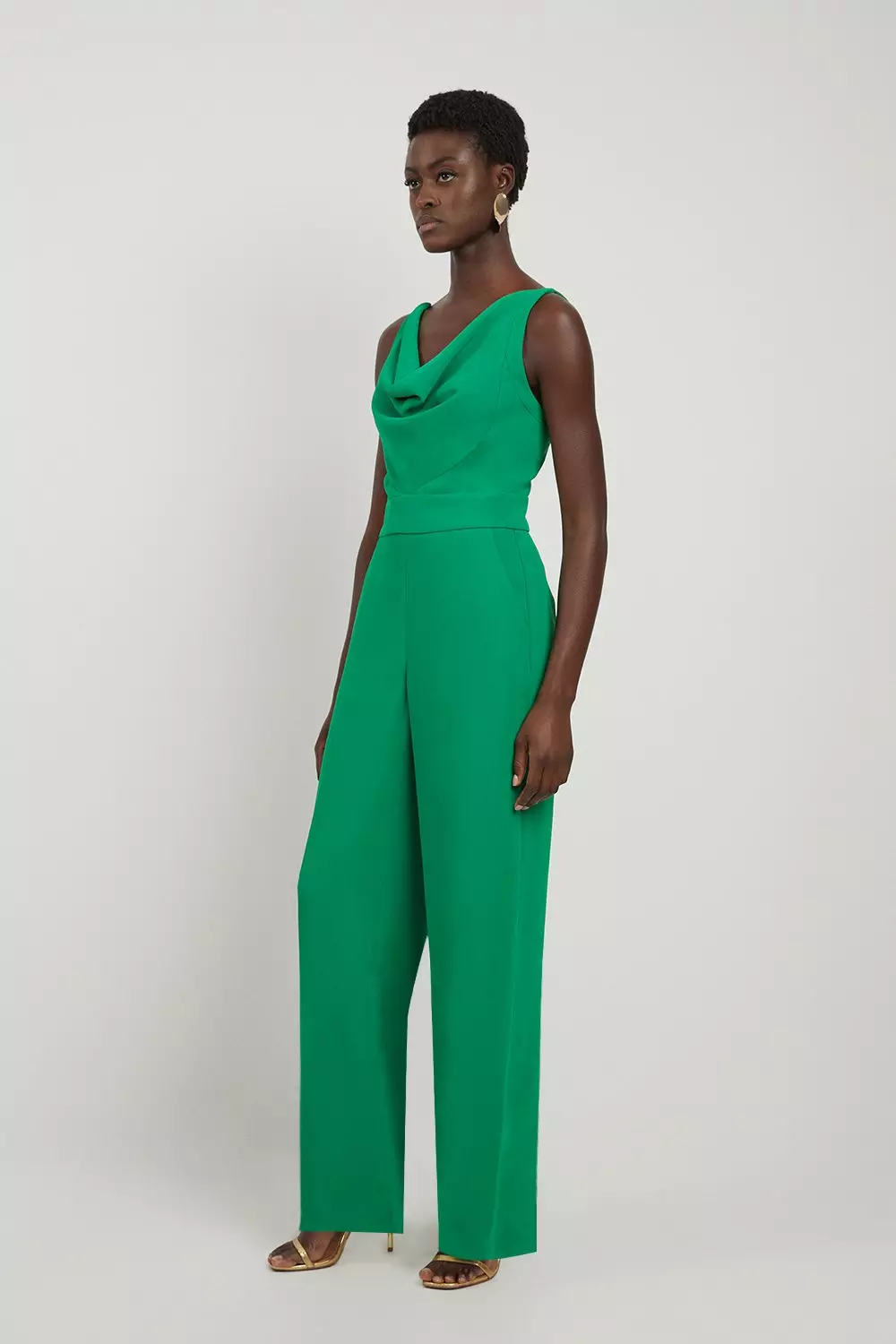 Plus Cowl Neck Belted Wide Leg Jumpsuit