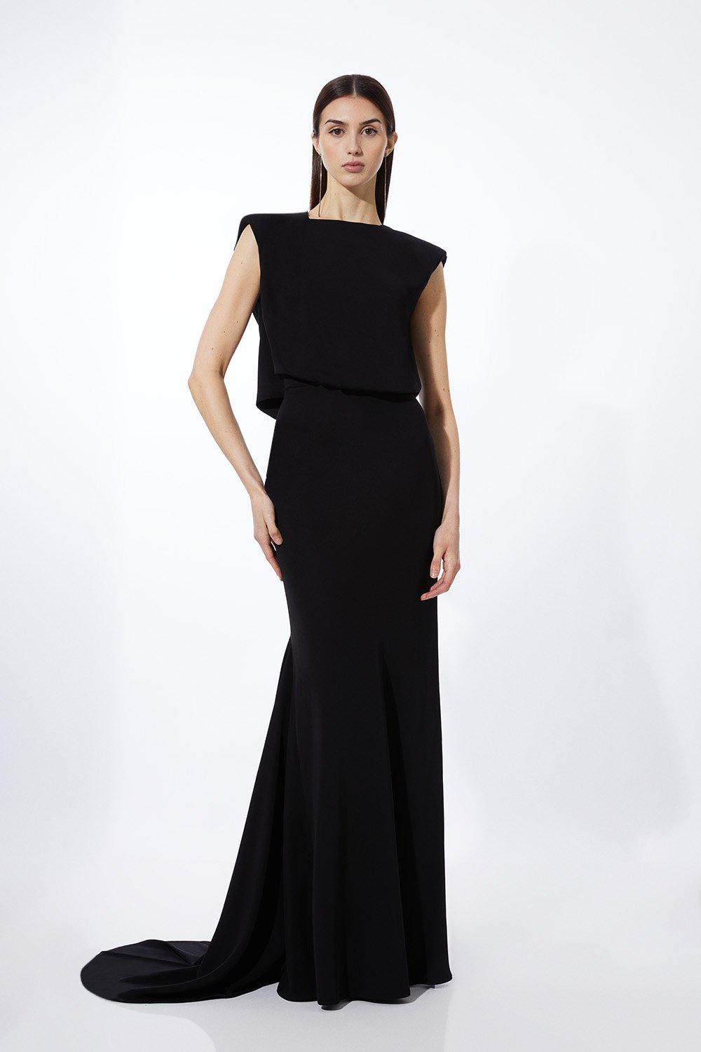 Petite Premium Bonded Crepe Drape Detail Maxi Dress - Black