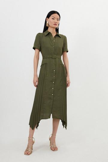 Pleated Georgette Woven Midi Shirt Dress khaki