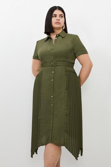 Khaki Plus Size Pleated Georgette Woven Midi Shirt Dress