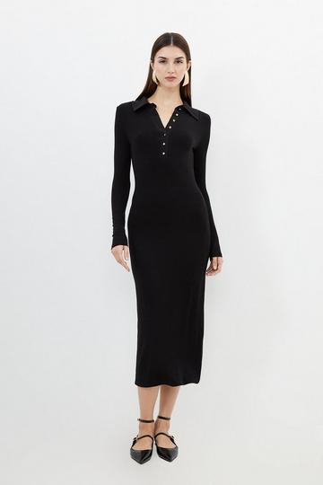Black Viscose Rib Jersey Long Sleeve Collared Midi Dress