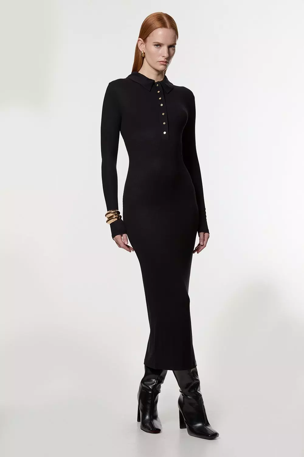 Viscose Rib Jersey Long Sleeve Collared Midi Dress | Karen Millen