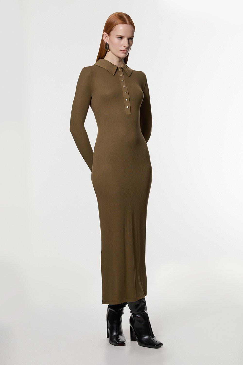 Viscose Rib Jersey Long Sleeve Collared Midi Dress - Khaki/Green