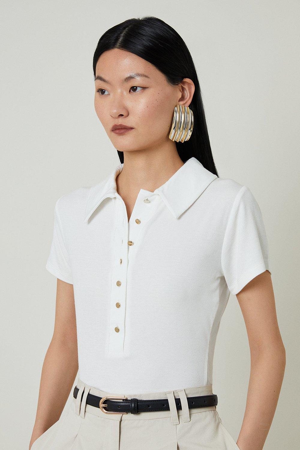 Viscose Rib Jersey Short Sleeve Collared Top - Ivory