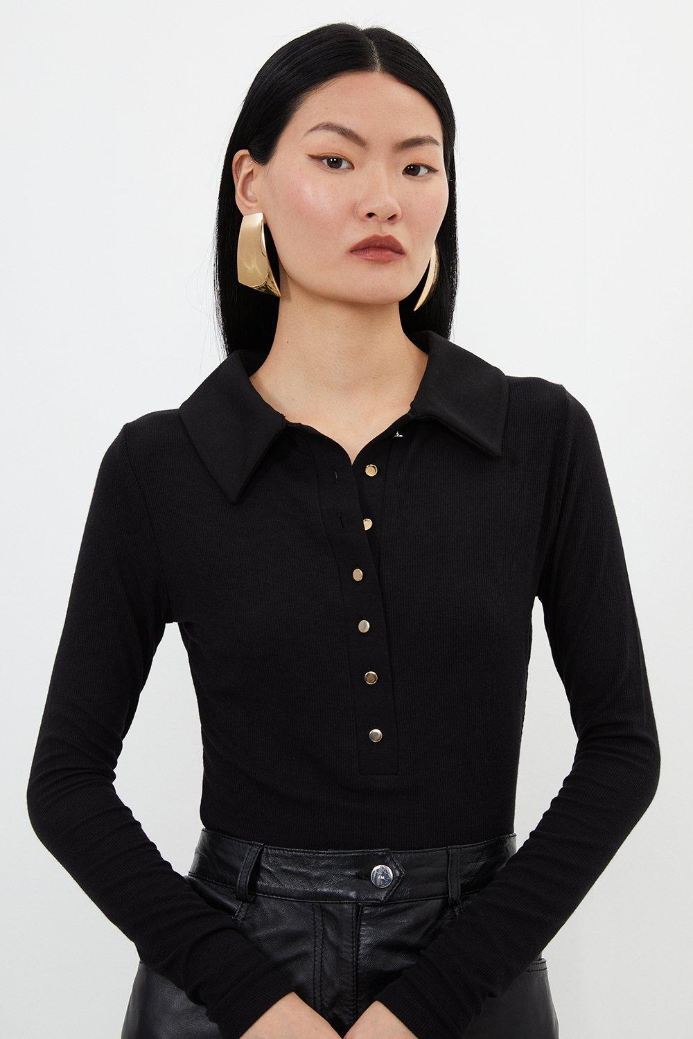 Viscose Rib Jersey Long Sleeve Collared Top - Black