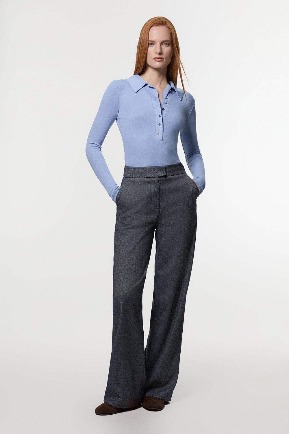 Viscose Rib Jersey Long Sleeve Collared Top - Blue