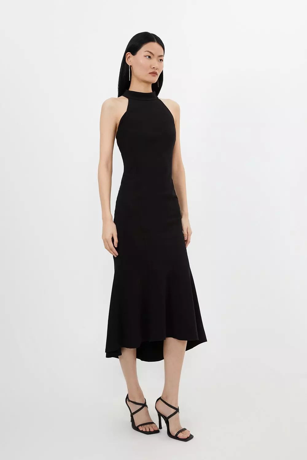 Compact Stretch Waterfall Hem High Neck Midi Dress | Karen Millen