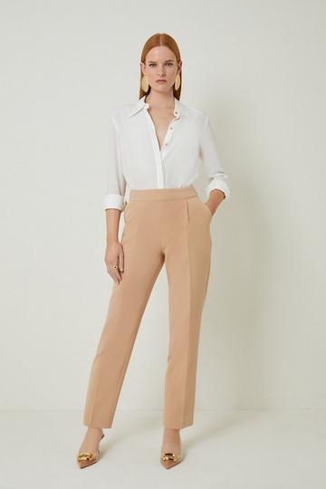 Camel Beige Petite Compact Stretch High Waist Tailored Trousers