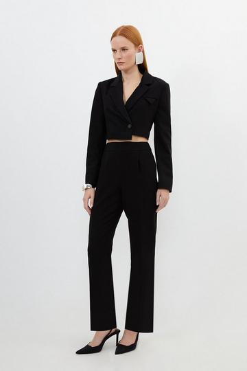 Black Compact Stretch High Waist Tailored Trousers