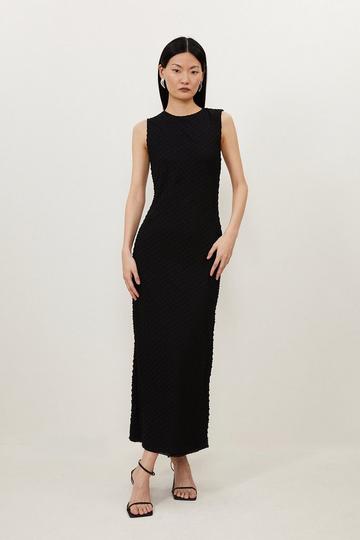 Black Textured Jersey Halter Neck Midi Dress