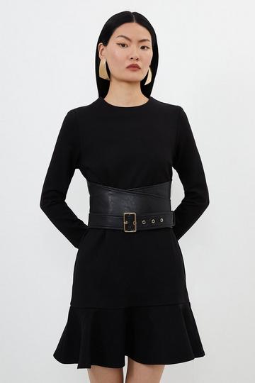 Ponte And Pu Mix Buckle Detail Mini Dress black