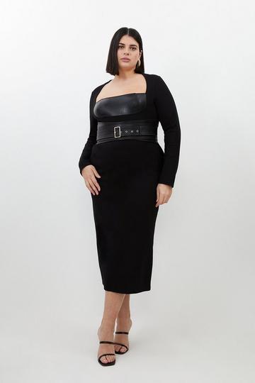 Black Plus Size Ponte And Pu Mix Buckle Detail Midi Dress
