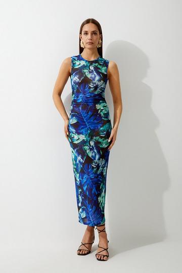 Blue Palm Print Beach Maxi Dress