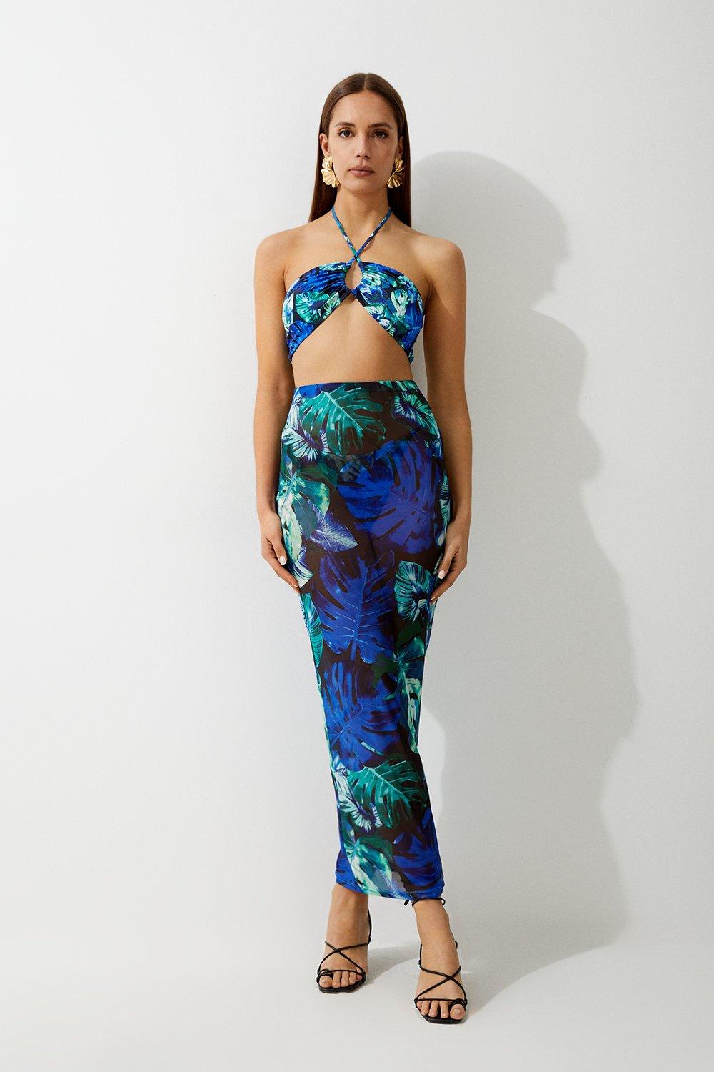 Palm Print Beach Maxi Skirt - Blue