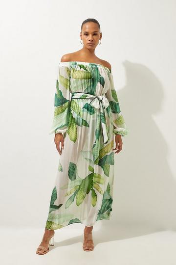 Green Tropical Palm Print Beach Off The Shoulder Maxi Dress
