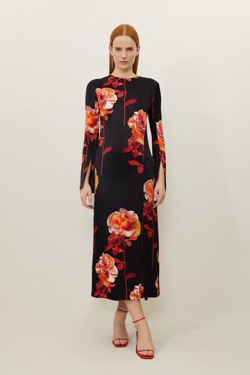 Multi Rose Floral Woven Viscose Satin Midi Dress
