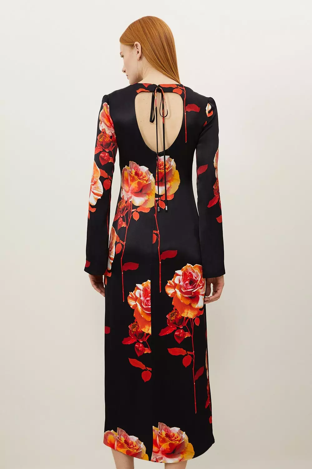 Rose Floral Woven Viscose Satin Midi Dress | Karen Millen