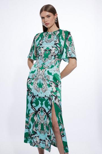 Green Mirrored Baroque Viscose Short Sleeve Midi Dress