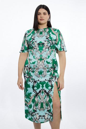 Green Plus Size Mirrored Baroque Viscose Short Sleeve Midi Dress