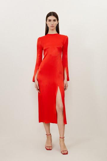 Red Viscose Satin Woven Midi Dress