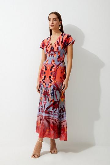 Mirrored Print Satin Crepe Angel Sleeve Woven Maxi Dress multi