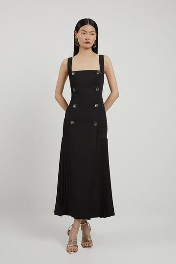 Black Pleated Button Detail Strappy Woven Midi Dress